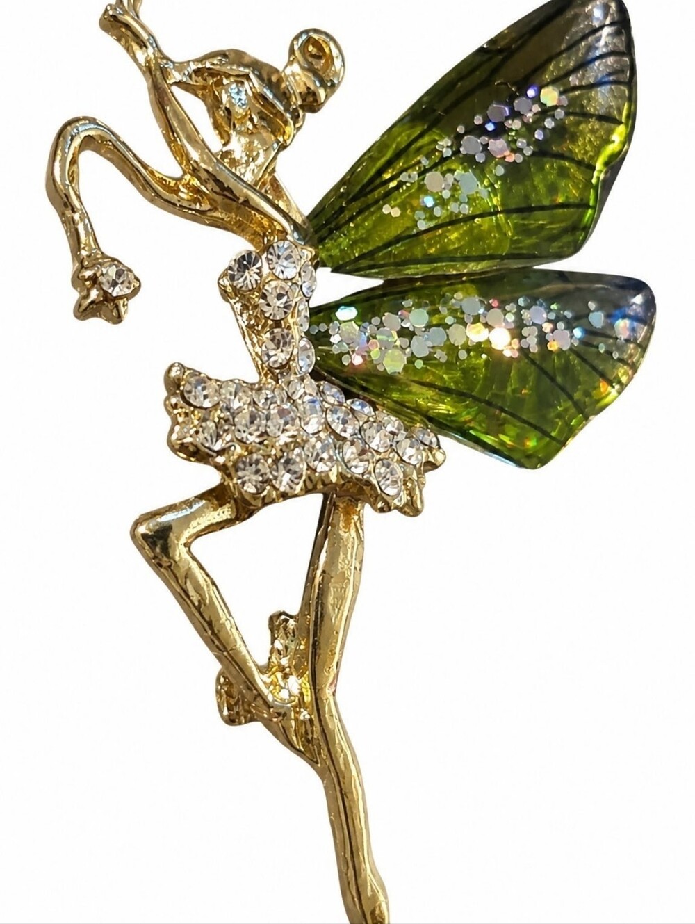 Sassified Boutique Nwt Gold Fairy Brooch with Green Glitter Wings